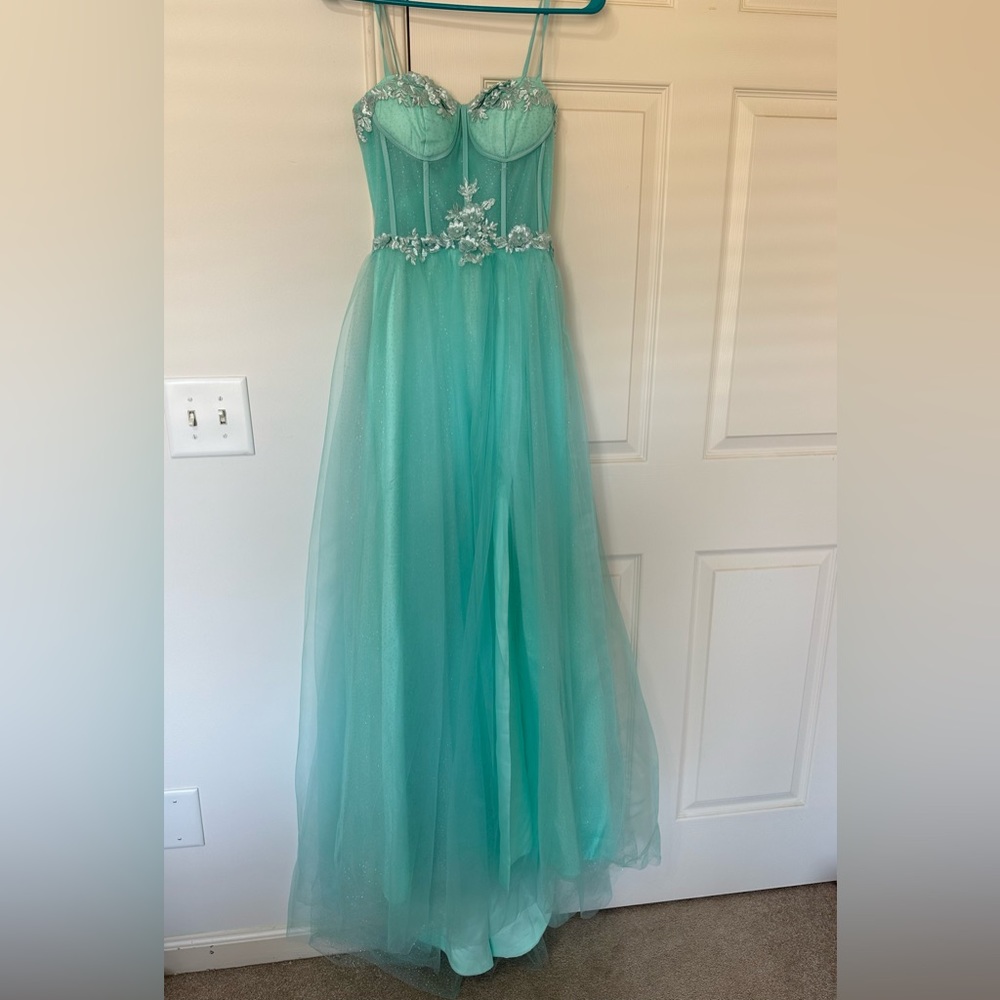 tulle corset prom dress teal with lace up back. would fit 00-2. never worn